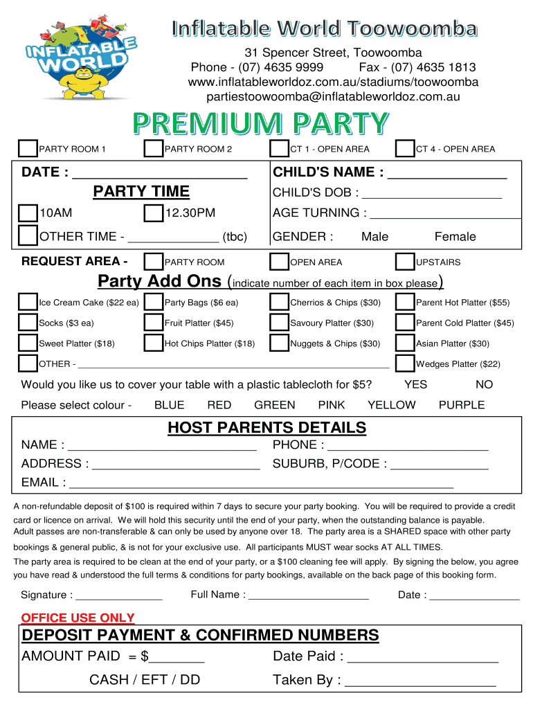 iw premium party booking form - Inflatable World Preview on Page 1