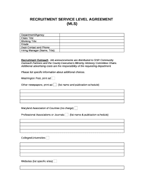 Images for RECRUITMENT SERVICE LEVEL AGREEMENT(MLS)Department/Agency:Class Title:Working Title:Grade:Dept Contact and Phone:Hiring Manager (Name, Title):Recruitment Outreach Job announcements are distributed to OHR Community Outreach Partners and the