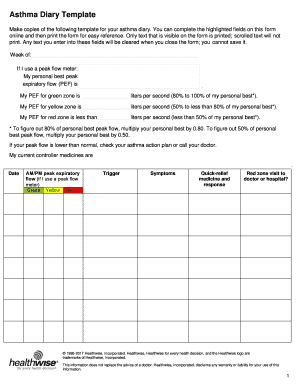 Asthma Diary Template - Fill Online, Printable, Fillable, Blank | pdfFiller
