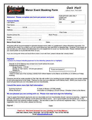 Oak Hall Manor Event Booking Form Otford, Kent, TN15 6XF