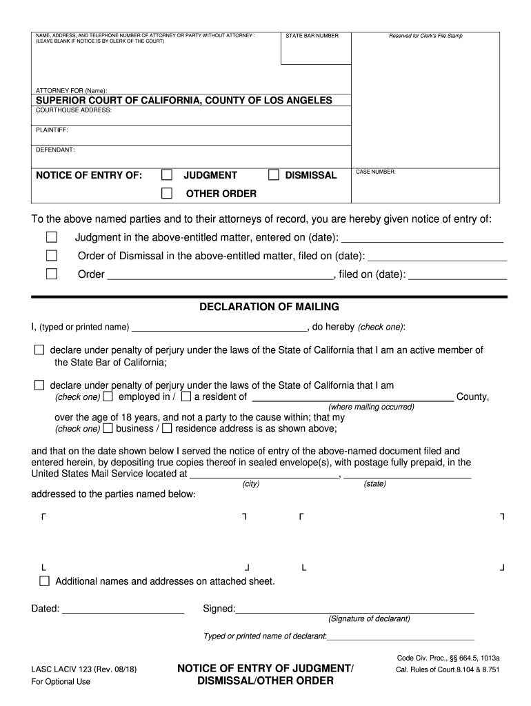 2018 2022 Form CA LACIV 123 Fill Online Printable Fillable Blank 