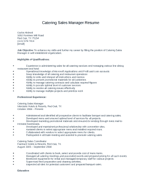 Catering Sales Manager Resume