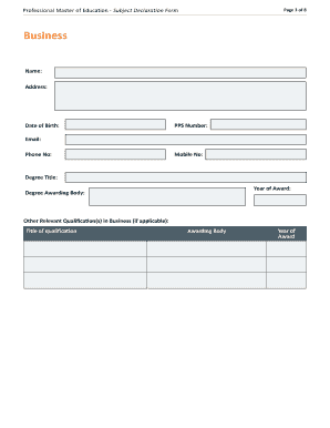 Professional Master of Education Subject Declaration Form