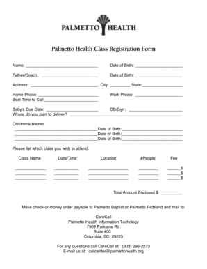 Palmetto Health Class Registration Form