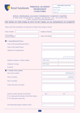Royal Sundaram Personal Accident Disablement Claim Form