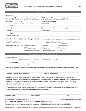 California Cryobank Personal and Financial Information Form