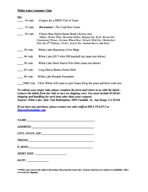 White Labs Vial Redemption Form