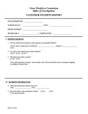 Texas Workforce Commission Incident Report