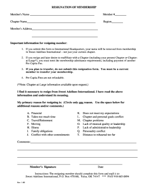 Sweet Adelines International Resignation Form