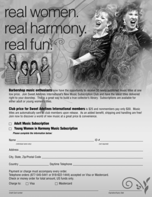 Sweet Adelines Music Subscription Form