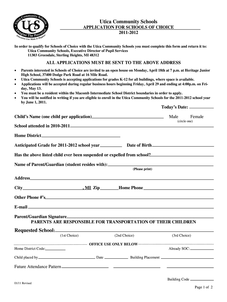 Fillable Online uticak12 Utica Community Schools APPLICATION FOR
