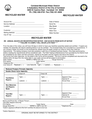 Carlsbad Recycled Water Backflow Recertification Notice