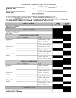 Trial Scoresheet for Mock Trial Competition