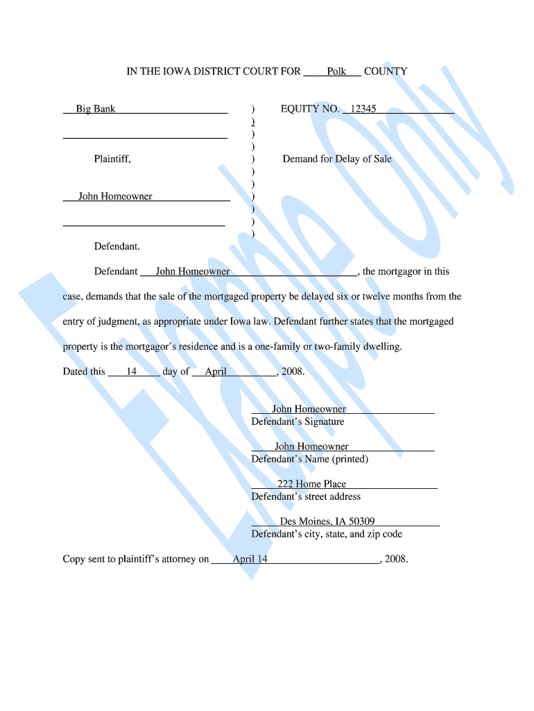 Demand For Delay Of Sale Iowa Form Fill Online Printable Fillable 