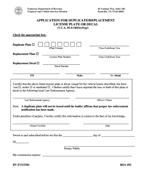 Tennessee Duplicate License Plate Application