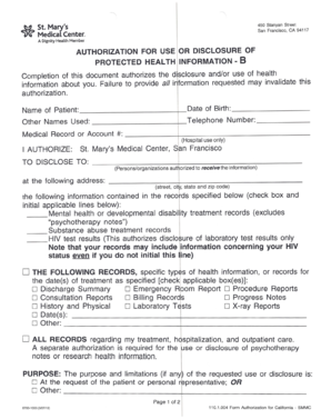 St. Mary's Medical Center Authorization for Health Information Disclosure