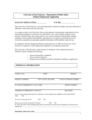 University of San Francisco Student Employment Application