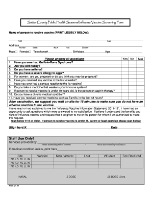 Sutter County Influenza Vaccine Screening Form