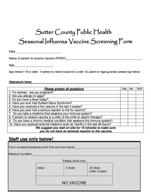 Sutter County Influenza Vaccine Screening Form