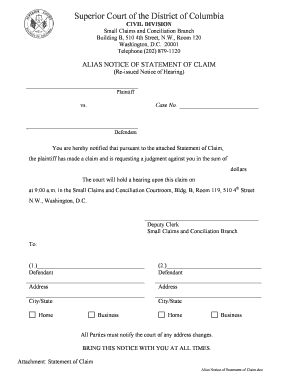 Alias Notice of Statement of Claim