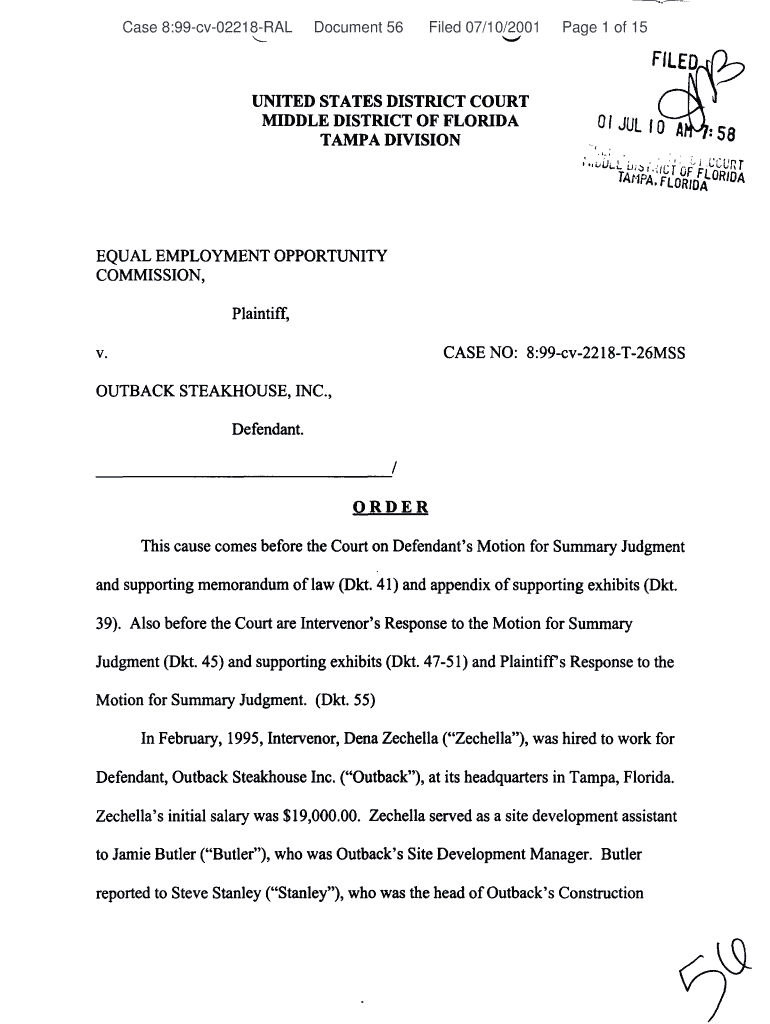 Fillable Online clearinghouse EEOC v. Outback Steakhouse Order Motion
