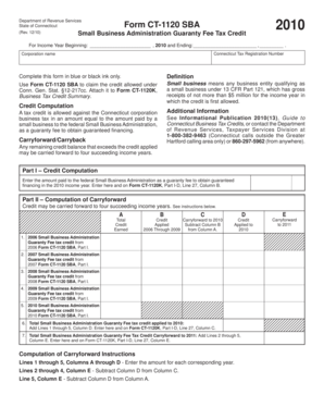 Connecticut Form CT-1120 SBA Small Business Administration Guaranty Fee Tax Credit