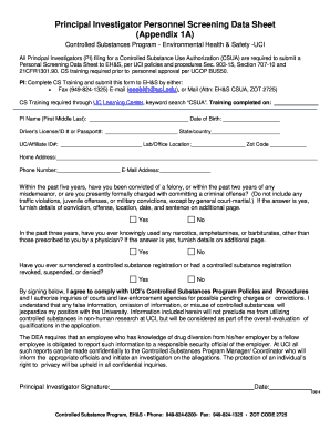 PI Screening Data Sheet (A1 form) - UCI Environmental Health ... - ehs uci