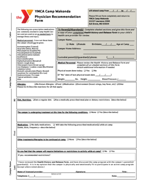 YMCA Camp Wakonda Health and Release Form