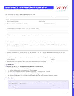 Household & Personal Effects Claim Form