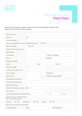 Marine Cargo Claim Advice Form