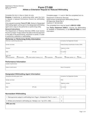 Connecticut Form CT-588 Athlete or Entertainer Request for Reduced Withholding