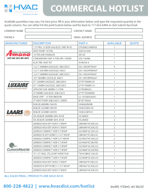Commercial HVAC Equipment Hotlist Form