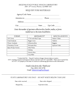 Arizona State Public Health Lab Request for Materials
