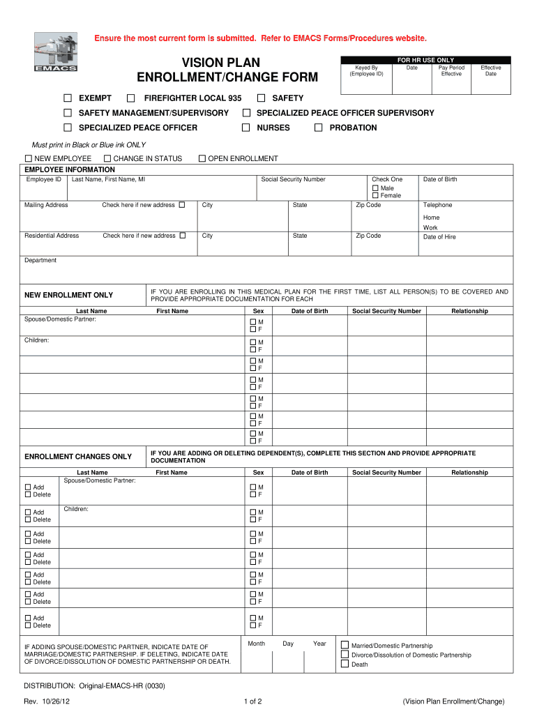 Fillable Online sbcounty Vision Plan Enrollment/Change County Fax