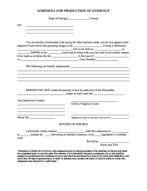 Georgia Subpoena for Production of Evidence