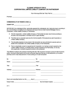 Closing Affidavit for Corporation LLC or Partnership