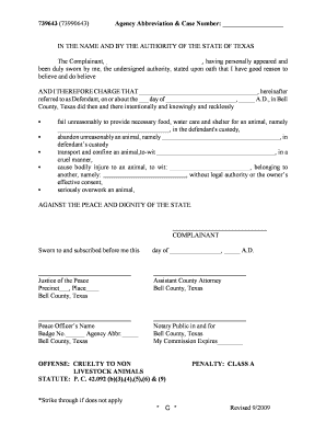 Texas Cruelty to Livestock Animals Complaint Form