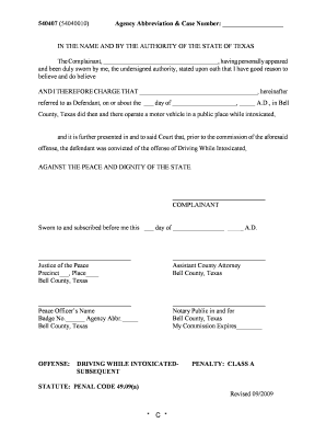 Texas Driving While Intoxicated Complaint Form