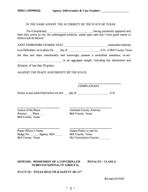 Texas Possession of Controlled Substance Complaint