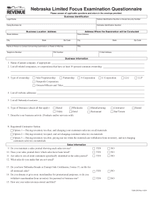 Nebraska Limited Focus Examination Questionnaire