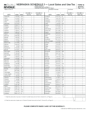 Nebraska Schedule I Local Sales and Use Tax Form 10