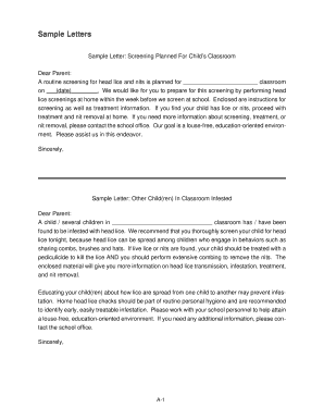School Head Lice Screening Letters