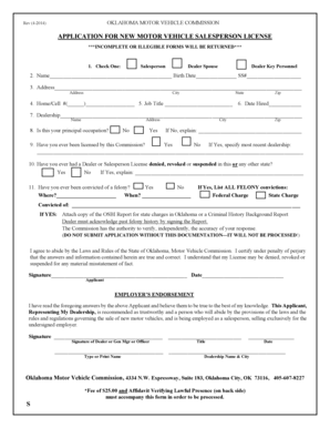 Oklahoma Motor Vehicle Salesperson License Application