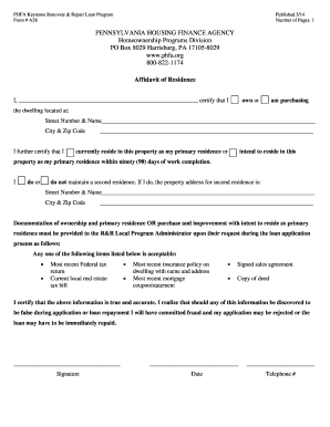PHFA Keystone Renovate & Repair Loan Program Affidavit of Residence