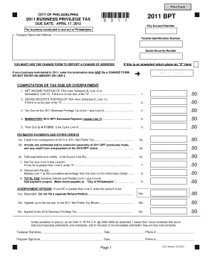 2011 Philadelphia Business Privilege Tax Form