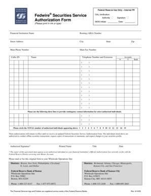 Federal Reserve Fedwire Securities Service Authorization Form