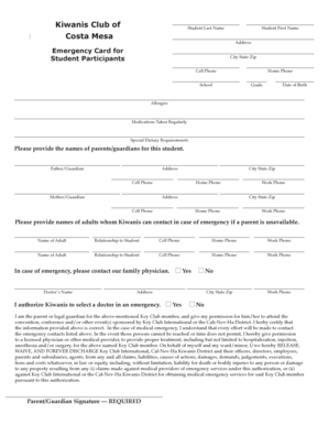 Kiwanis Emergency Card for Student Participants