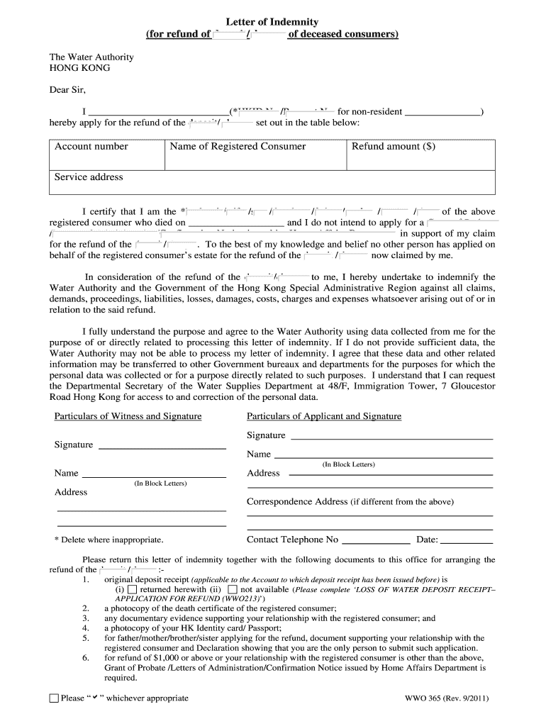 Fillable Online wsd gov Letter of Indemnity (for refund of