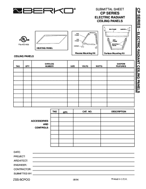 Submittal Sheet for Electric Radiant Ceiling Panels