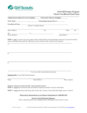 Girl Scouts Parent Uncollected Fund Form